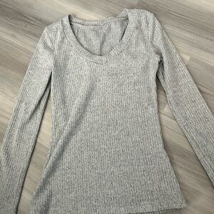 Gray Ribbed V-Neck Women's Top